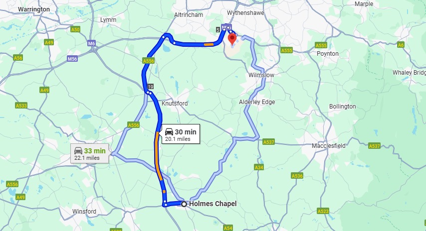 Distance from Holmes Chapel to Manchester Airport